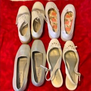 Lot of silver and white dress shoes